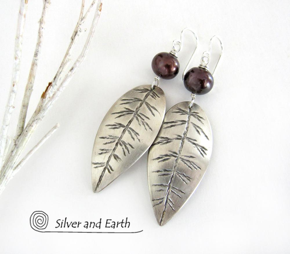 Sterling Silver Leaf Earrings with Bronze Pearls - Earthy Nature Jewelry