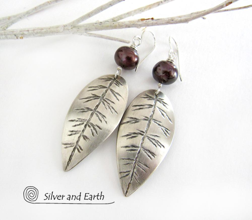 Sterling Silver Leaf Earrings with Bronze Pearls - Earthy Nature Jewelry