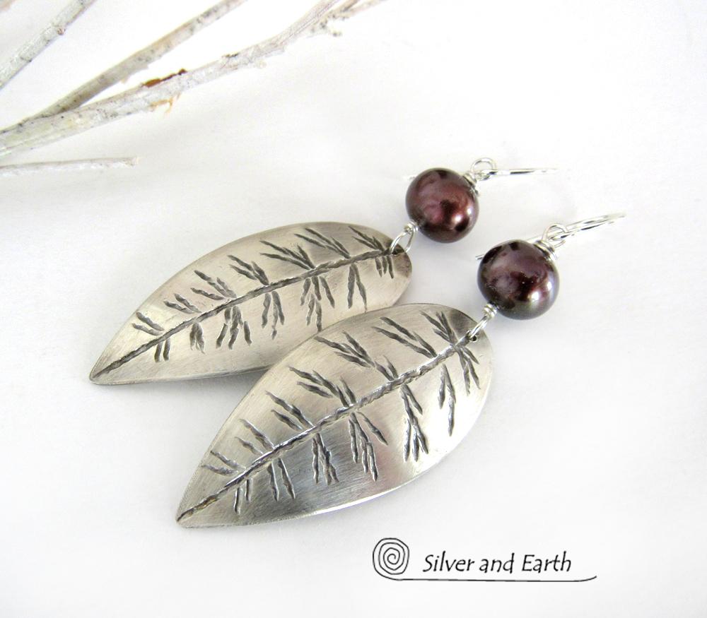 Sterling Silver Leaf Earrings with Bronze Pearls - Earthy Nature Jewelry