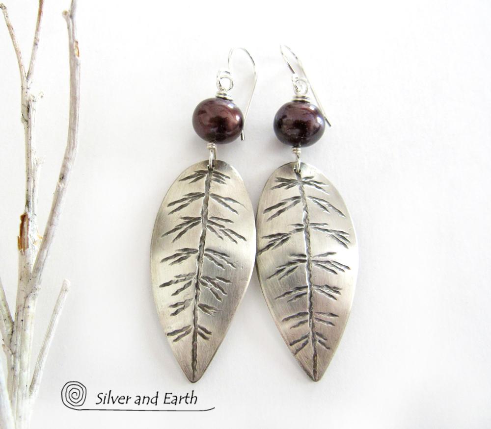 Sterling Silver Leaf Earrings with Bronze Pearls - Earthy Nature Jewelry