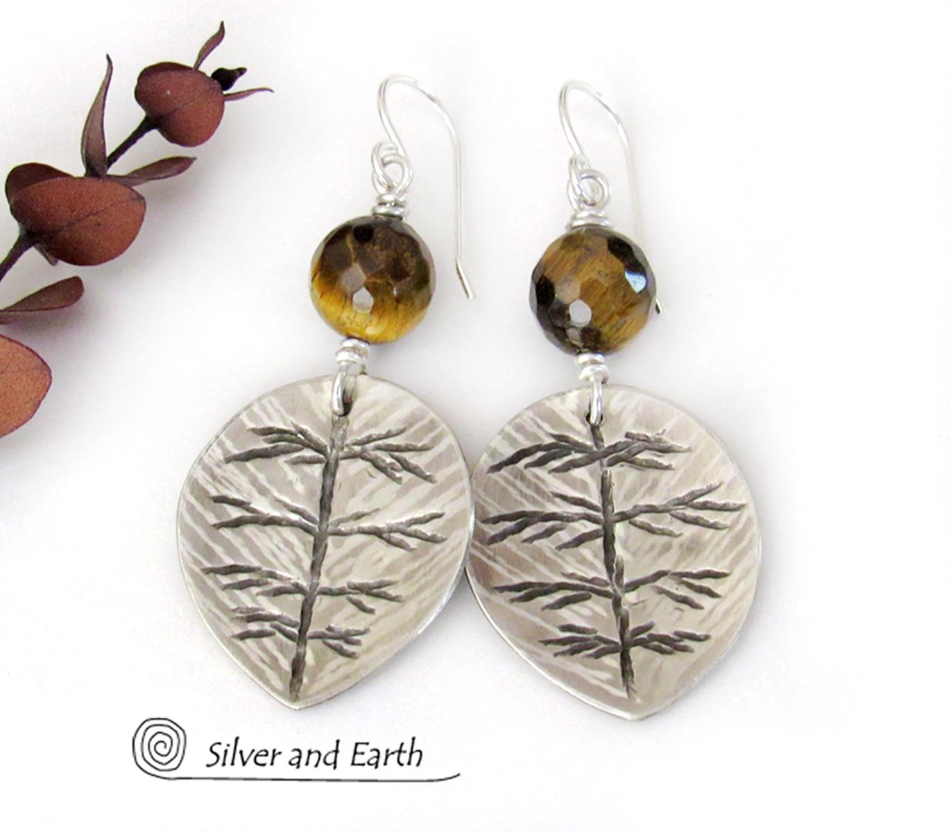 Sterling Silver Leaf Earrings with Brown Tiger's Eye Stones - Earthy Nature Jewelry