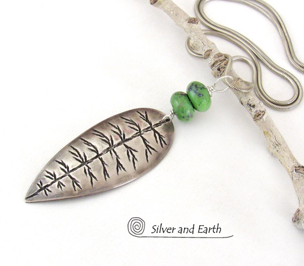 Sterling Silver Leaf Necklace with Green Serpentine Stones - Nature Inspired Jewelry