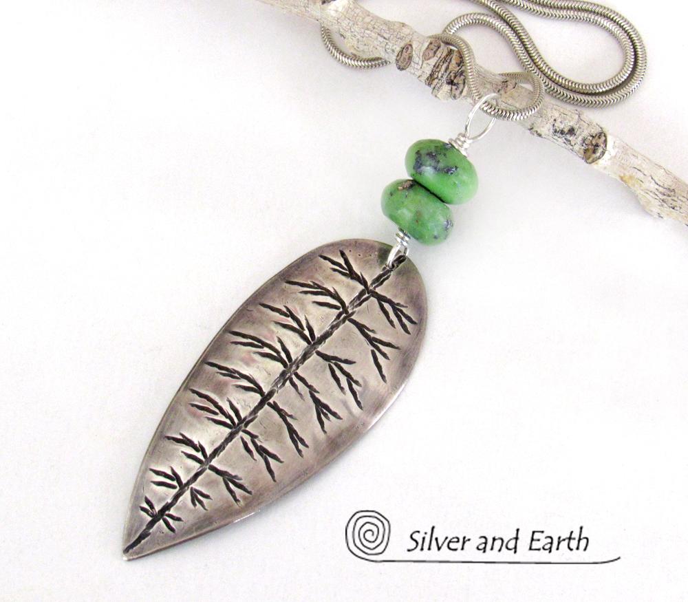 Sterling Silver Leaf Necklace with Green Serpentine Stones - Nature Inspired Jewelry