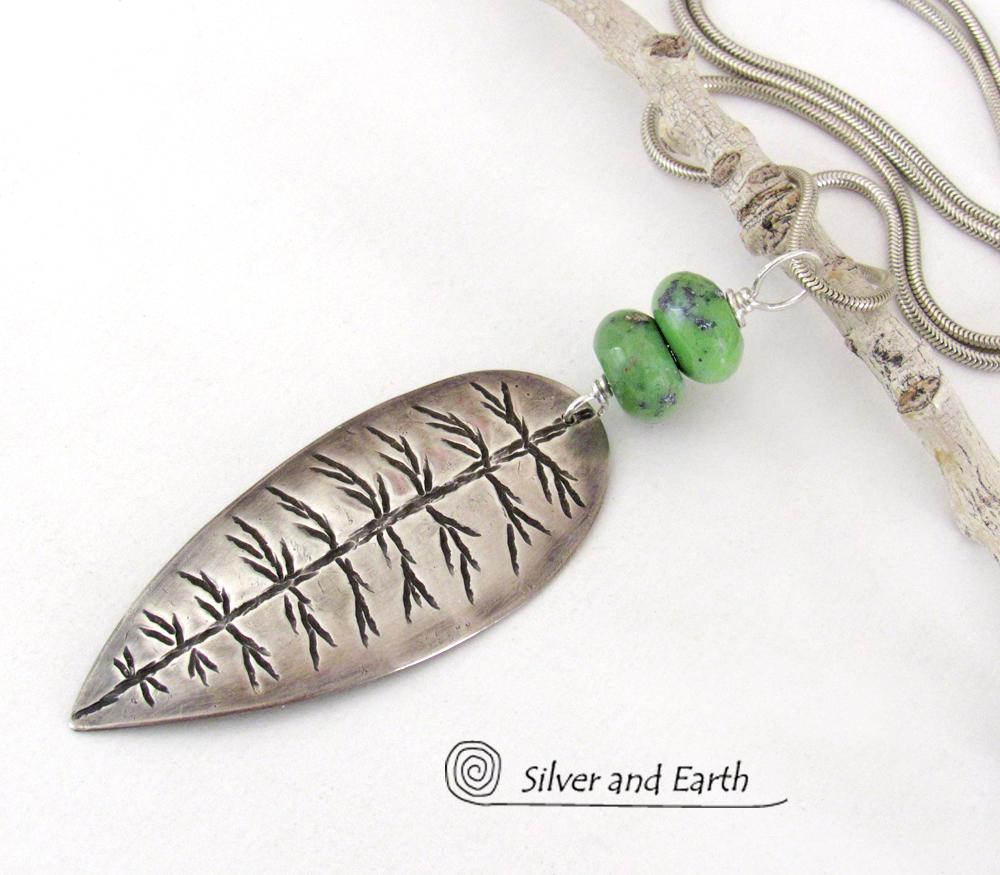 Sterling Silver Leaf Necklace with Green Serpentine Stones - Nature Inspired Jewelry