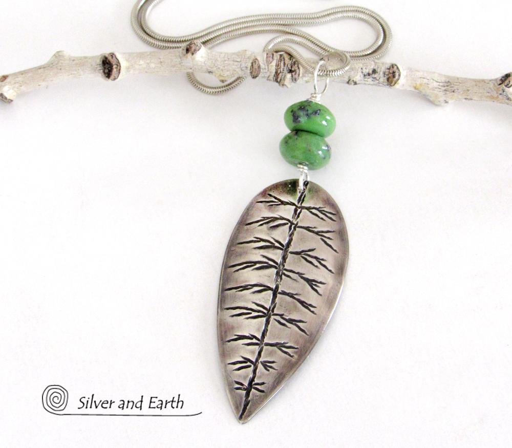 Sterling Silver Leaf Necklace with Green Serpentine Stones - Nature Inspired Jewelry