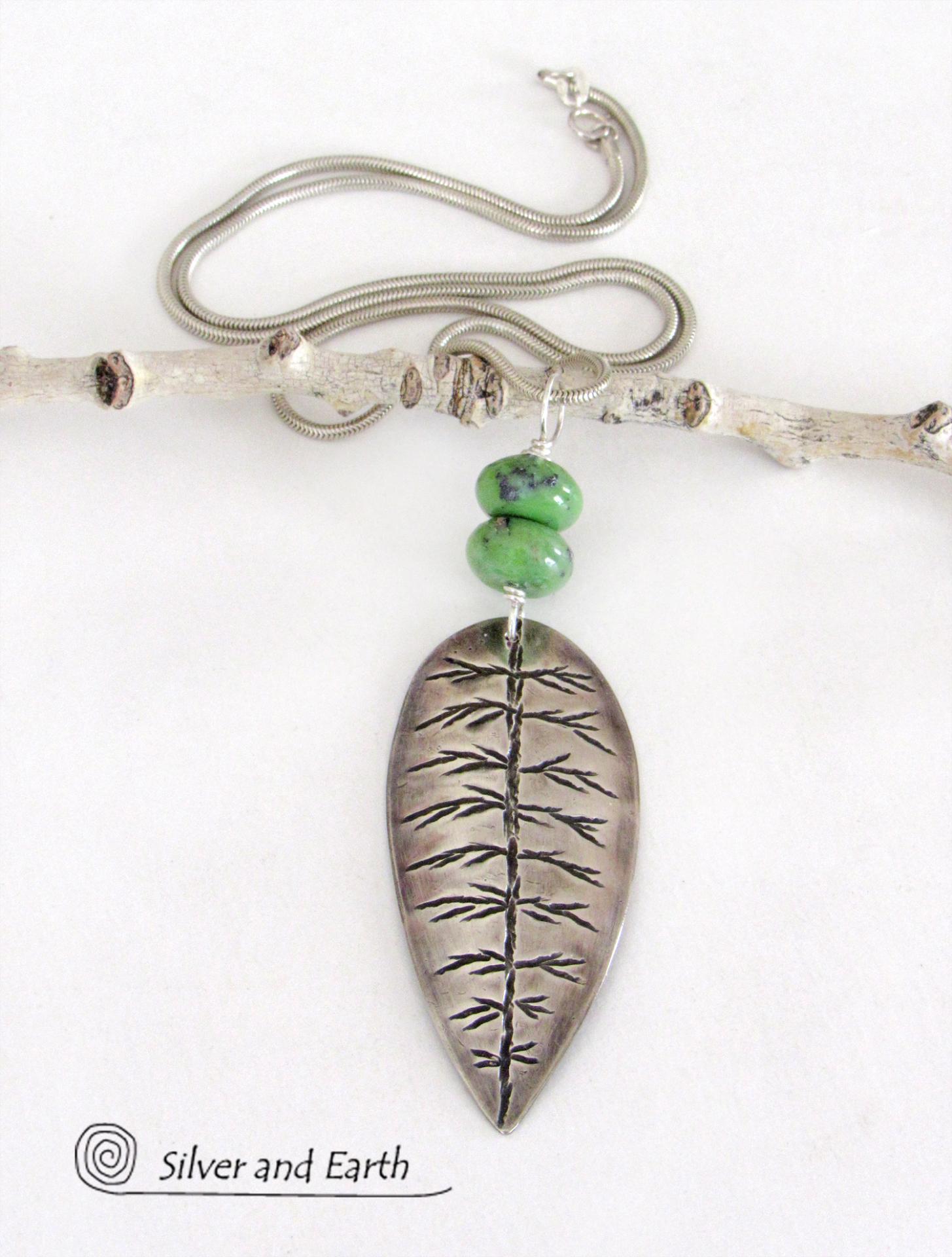 Sterling Silver Leaf Necklace with Green Serpentine Stones - Nature Inspired Jewelry