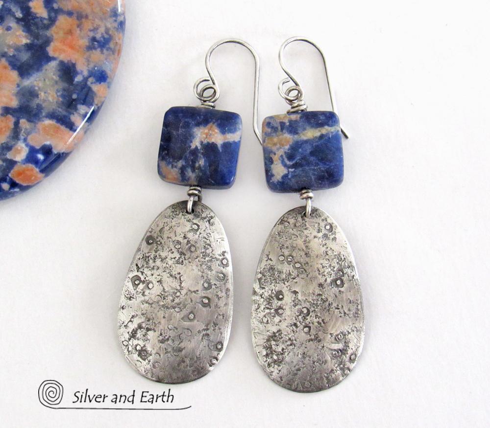 Textured Sterling Silver Earrings with Orange & Blue Sodalite Gemstones - Handcrafted Artisan Silver Jewelry