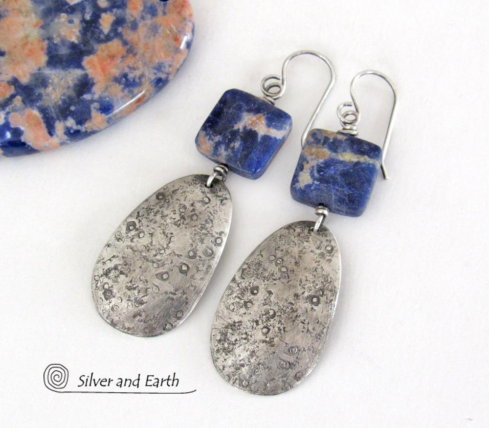 Textured Sterling Silver Earrings with Orange & Blue Sodalite Gemstones - Handcrafted Artisan Silver Jewelry