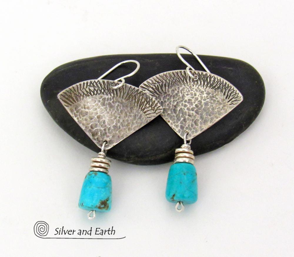 Textured Sterling Silver Earrings with American Sleeping Beauty Turquoise Stone Dangles