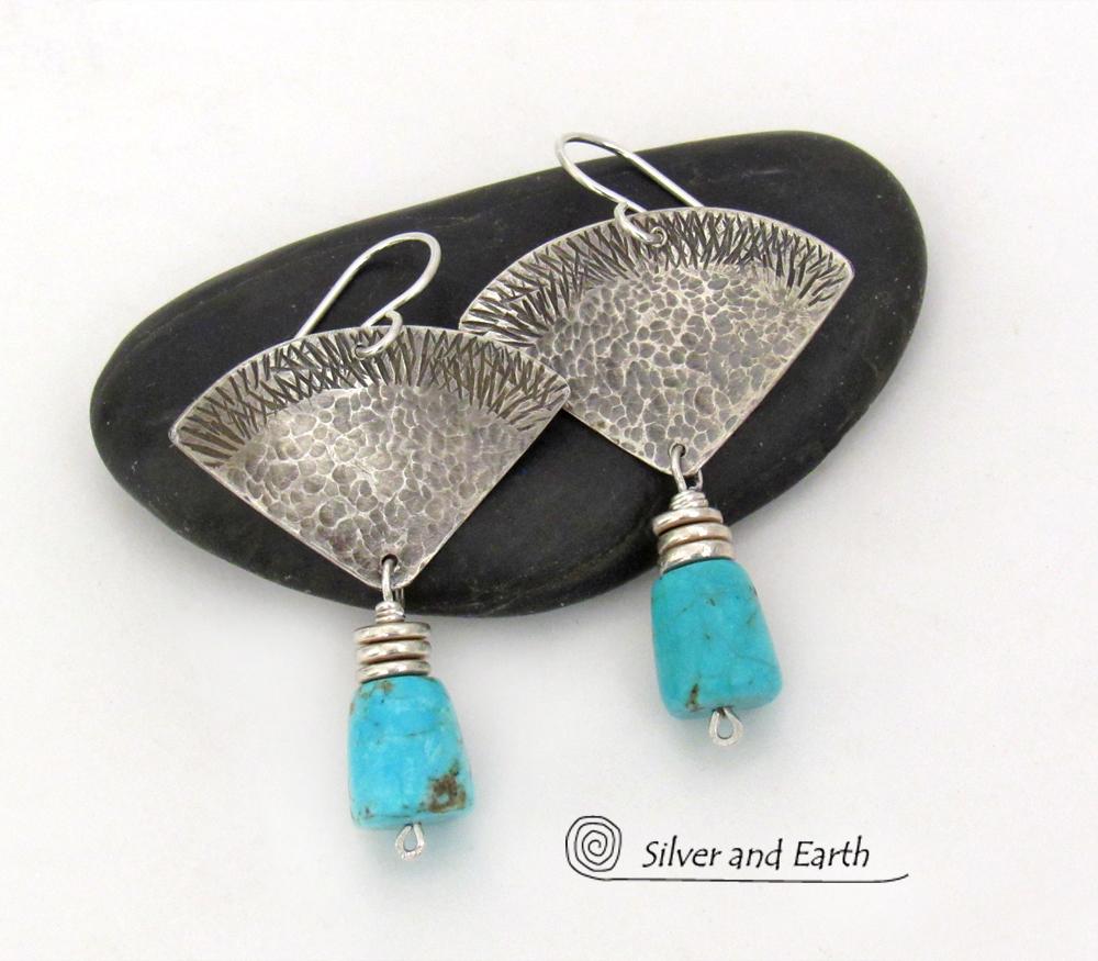 Textured Sterling Silver Earrings with American Sleeping Beauty Turquoise Stone Dangles