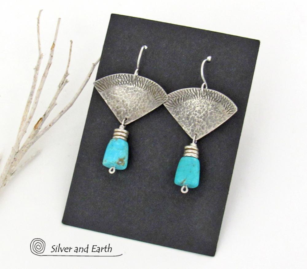 Textured Sterling Silver Earrings with American Sleeping Beauty Turquoise Stone Dangles