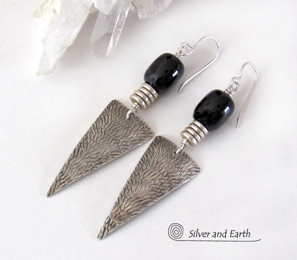Long Textured Sterling Silver Triangle Earrings with Black Onyx Gemstones - Geometric Modern Contemporary Jewelry