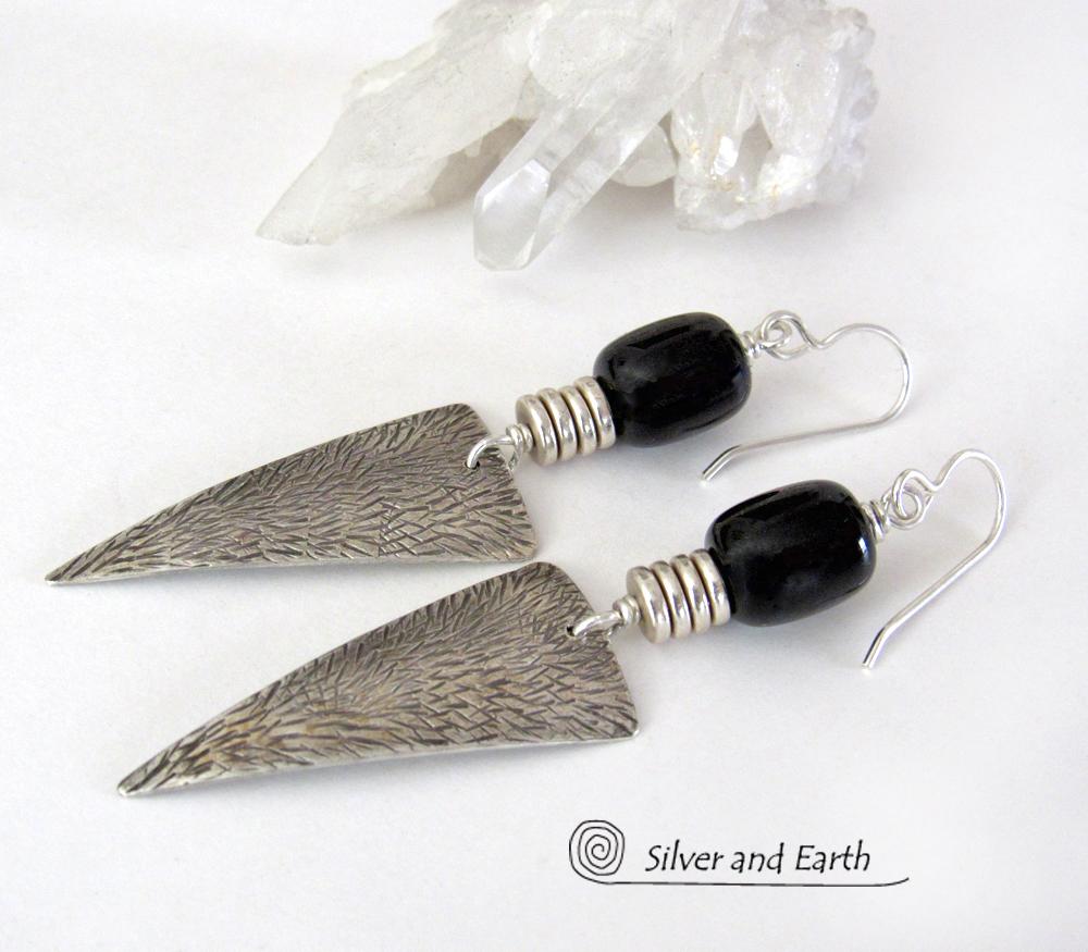Long Textured Sterling Silver Triangle Earrings with Black Onyx Gemstones - Geometric Modern Contemporary Jewelry