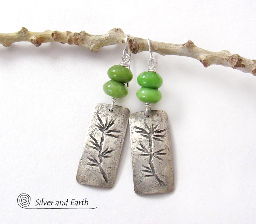 Sterling Silver Earrings with Twig Design & Green Serpentine Stones - Earthy Nature Jewelry