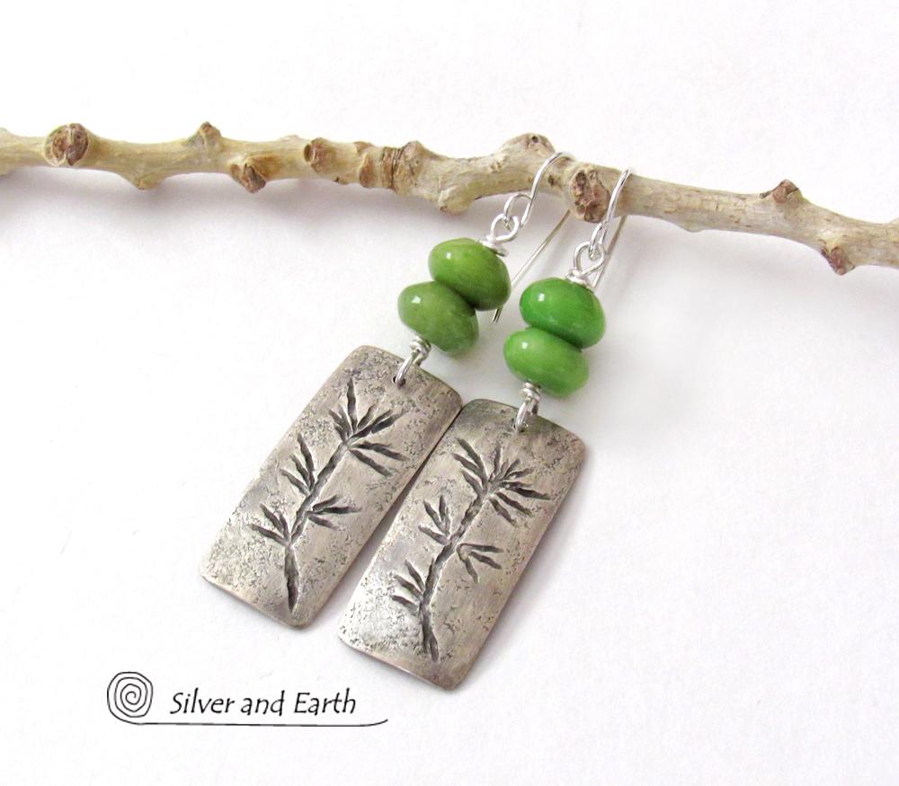 Sterling Silver Earrings with Twig Design & Green Serpentine Stones - Earthy Nature Jewelry