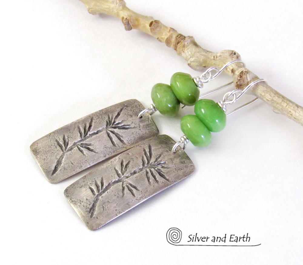 Sterling Silver Earrings with Twig Design & Green Serpentine Stones - Earthy Nature Jewelry