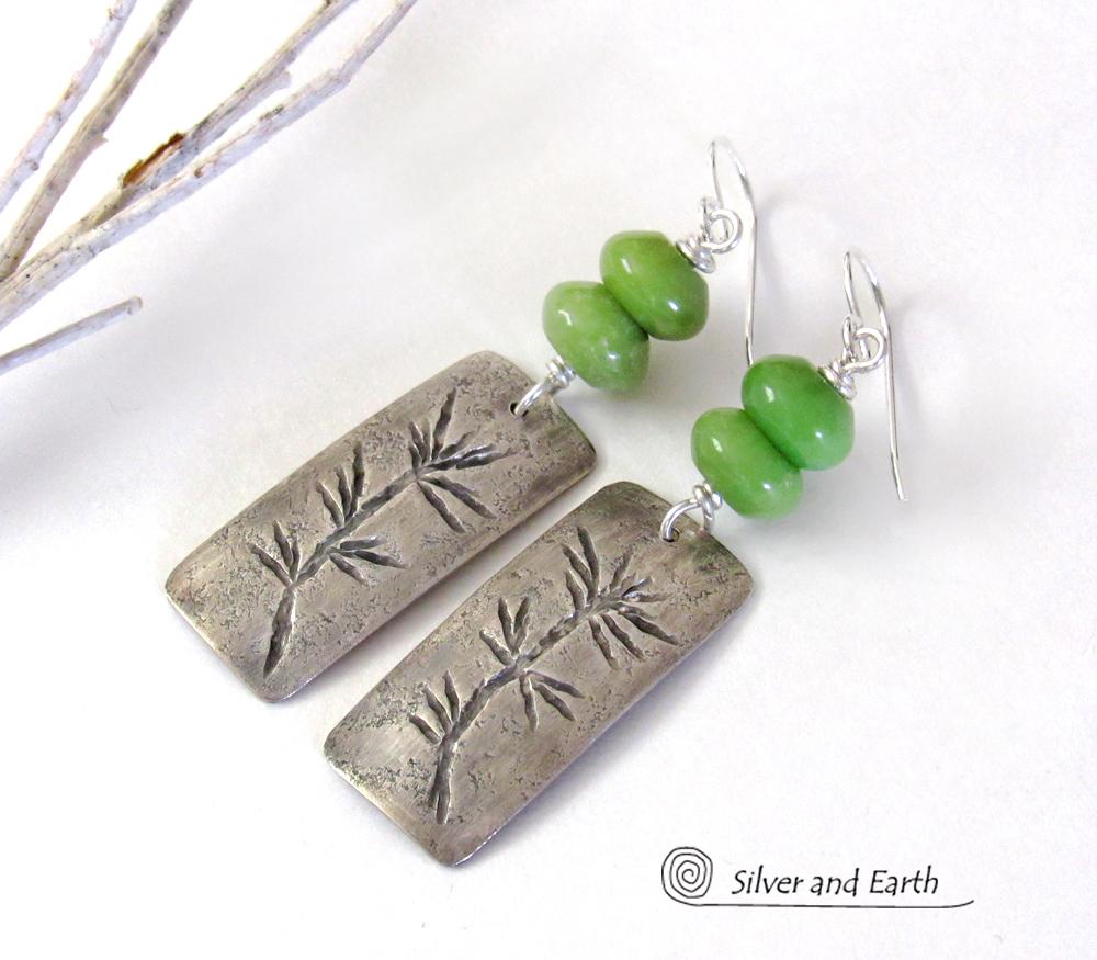 Sterling Silver Earrings with Twig Design & Green Serpentine Stones - Earthy Nature Jewelry