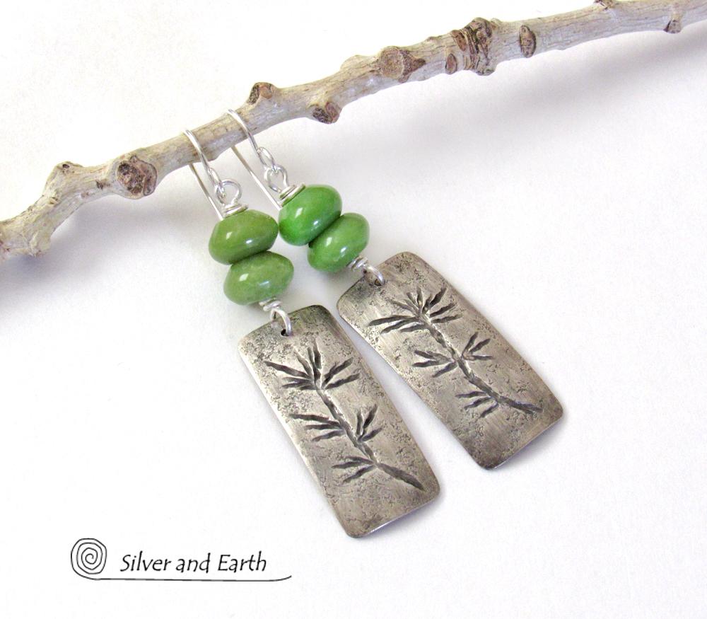 Sterling Silver Earrings with Twig Design & Green Serpentine Stones - Earthy Nature Jewelry