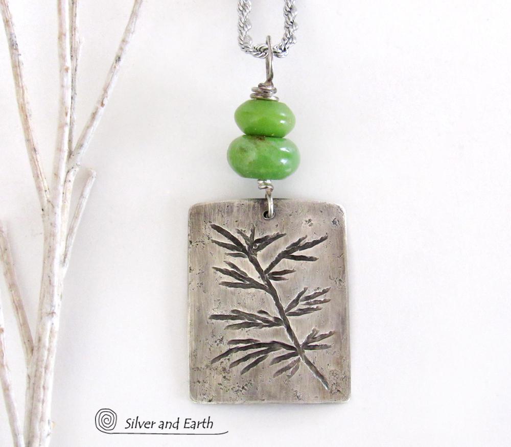 Sterling Silver Necklace with Hand Stamped Twig Design & Green Serpentine Stones - Earthy Nature Jewelry