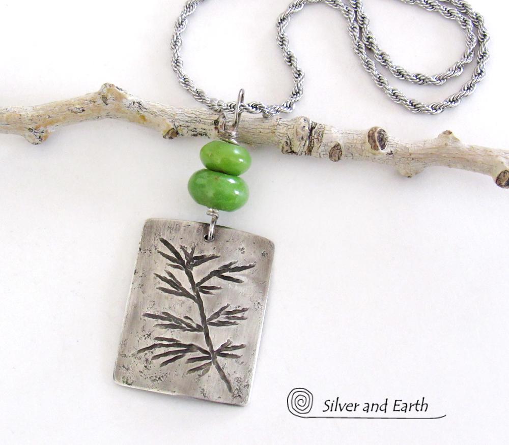 Sterling Silver Necklace with Hand Stamped Twig Design & Green Serpentine Stones - Earthy Nature Jewelry