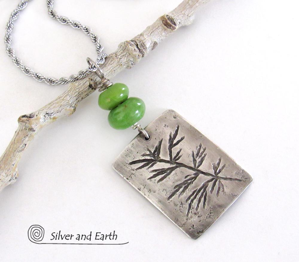 Sterling Silver Necklace with Hand Stamped Twig Design & Green Serpentine Stones - Earthy Nature Jewelry