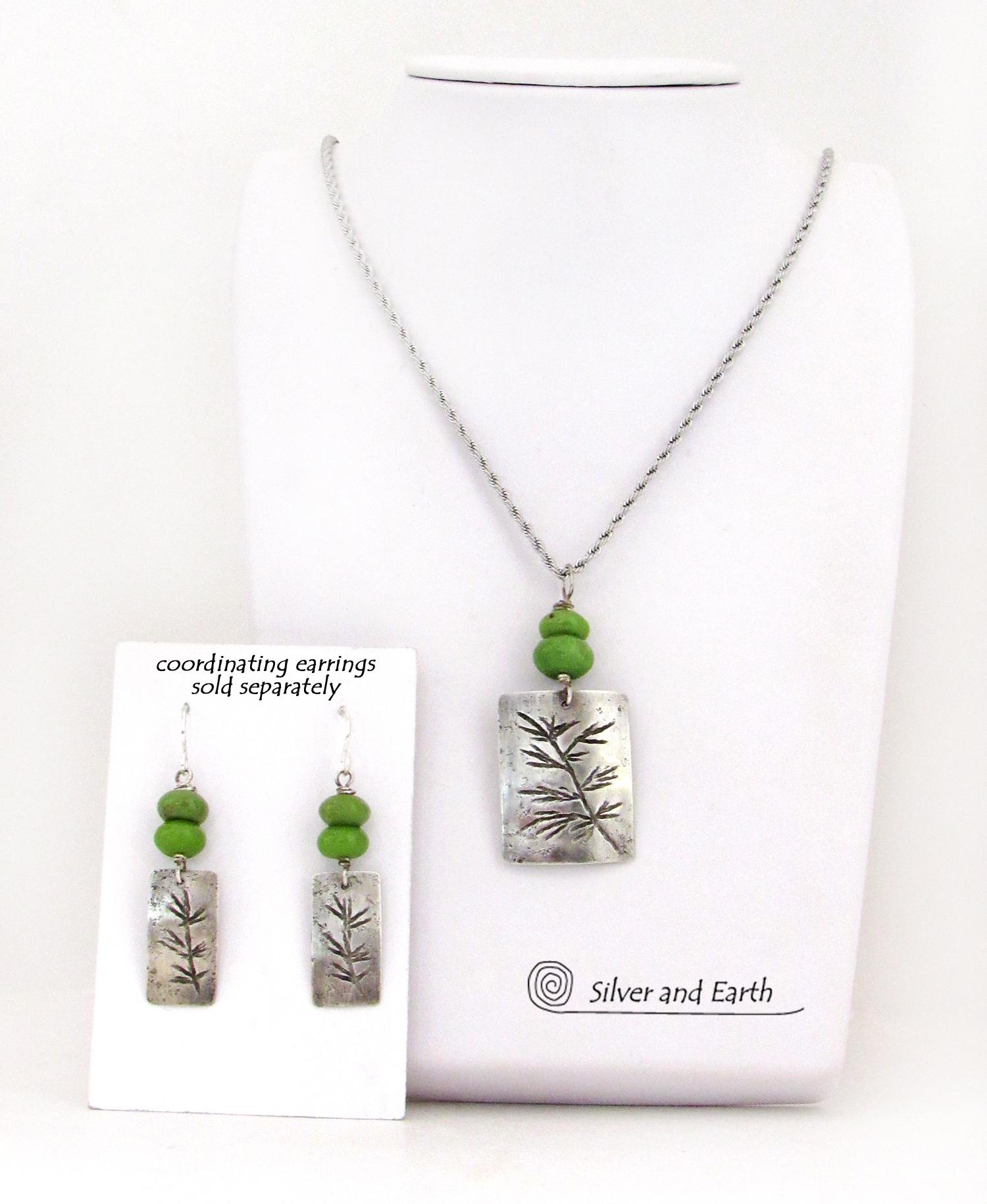 Sterling Silver Necklace with Hand Stamped Twig Design & Green Serpentine Stones - Earthy Nature Jewelry