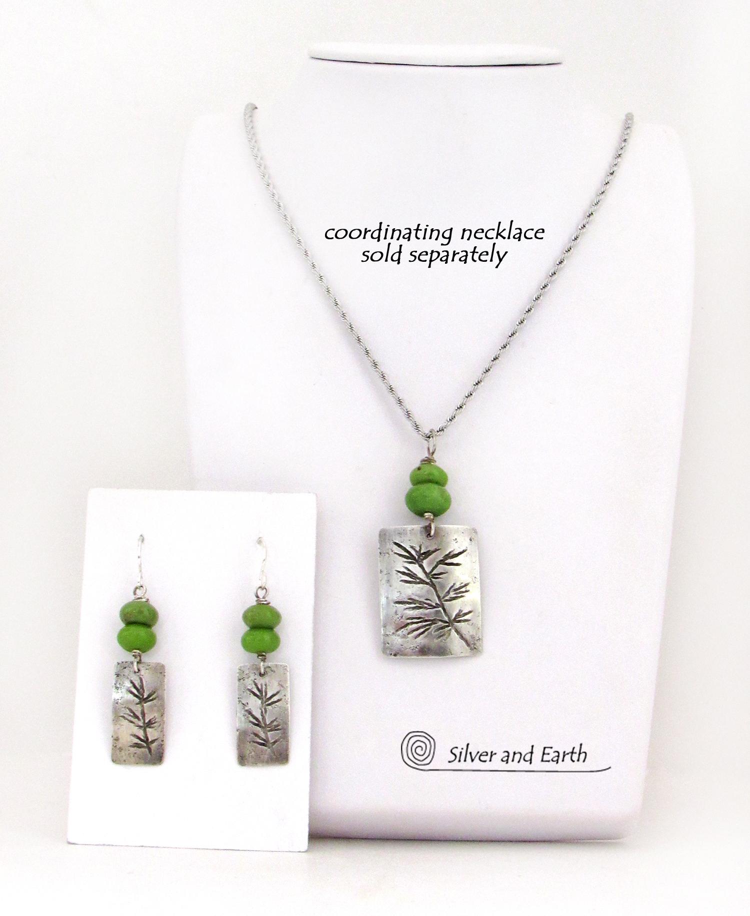 Sterling Silver Earrings with Twig Design & Green Serpentine Stones - Earthy Nature Jewelry