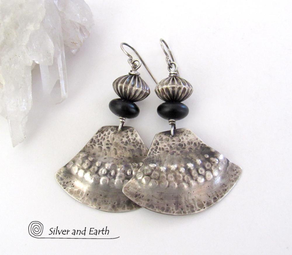 Sterling Silver Earrings with Matte Black & Sterling Silver Beads - Bold Modern Southwestern Style Jewelry