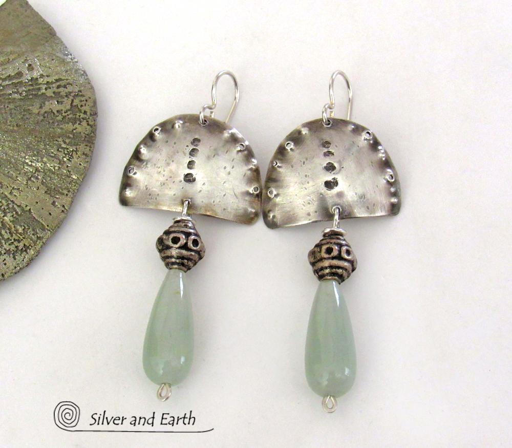 Sterling Silver Earrings with Green Aventurine Gemstones - Unique Bohemian Tribal Jewelry