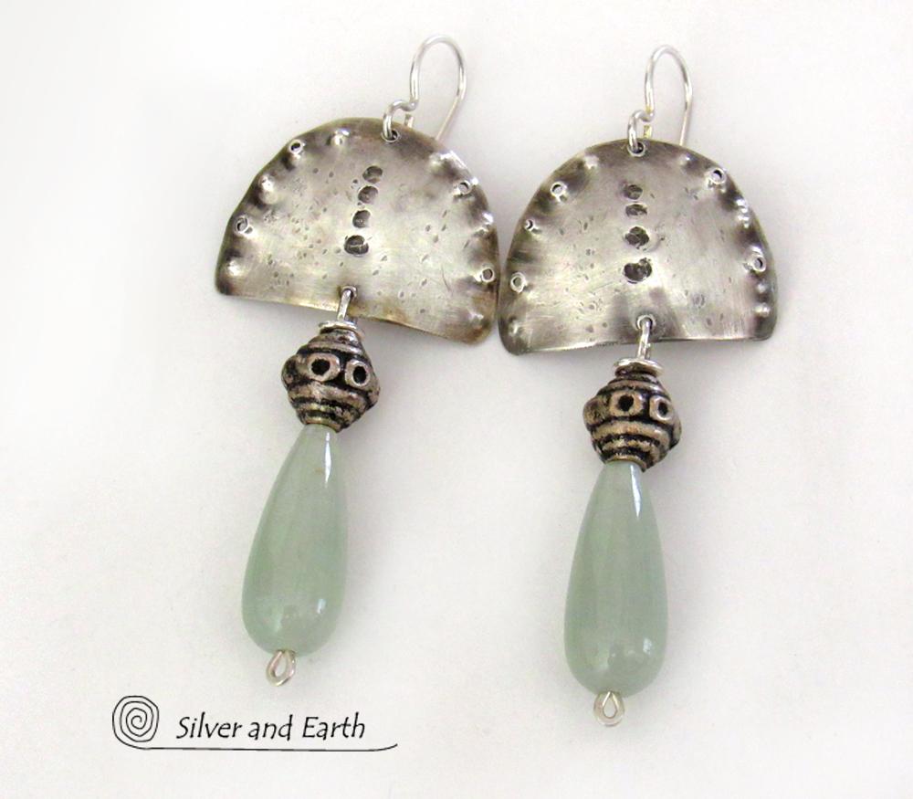 Sterling Silver Earrings with Green Aventurine Gemstones - Unique Bohemian Tribal Jewelry