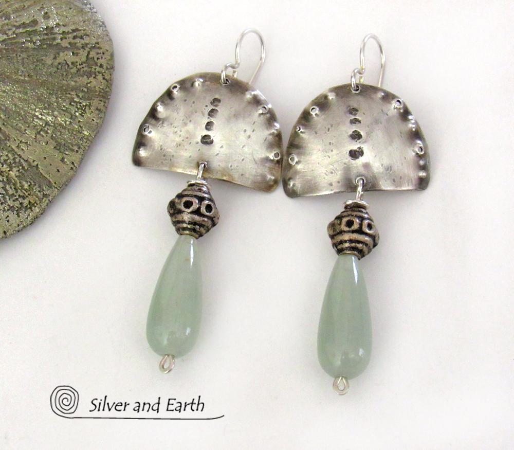 Sterling Silver Earrings with Green Aventurine Gemstones - Unique Bohemian Tribal Jewelry