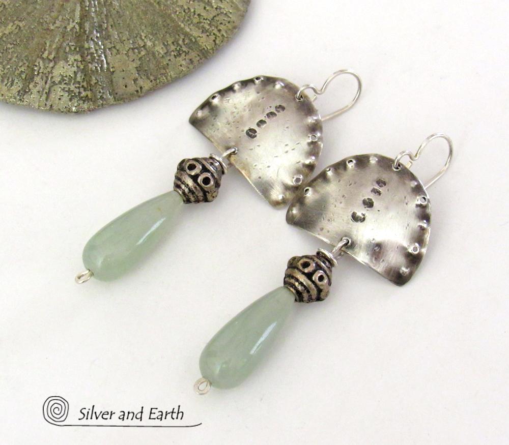 Sterling Silver Earrings with Green Aventurine Gemstones - Unique Bohemian Tribal Jewelry