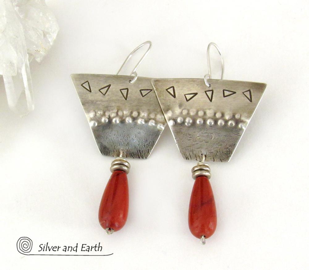 Textured Sterling Silver Earrings with Dangling Red Jasper Stones - Bold Unique Tribal Style Handcrafted Jewelry