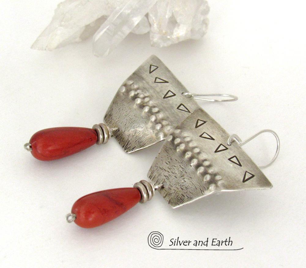 Textured Sterling Silver Earrings with Dangling Red Jasper Stones - Bold Unique Tribal Style Handcrafted Jewelry