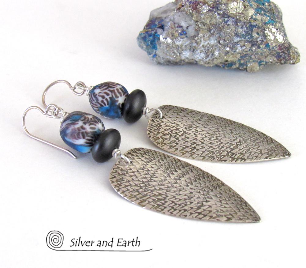 Sterling Silver Tribal Spear Earrings with Multi Colored Blue and Black African Glass Beads