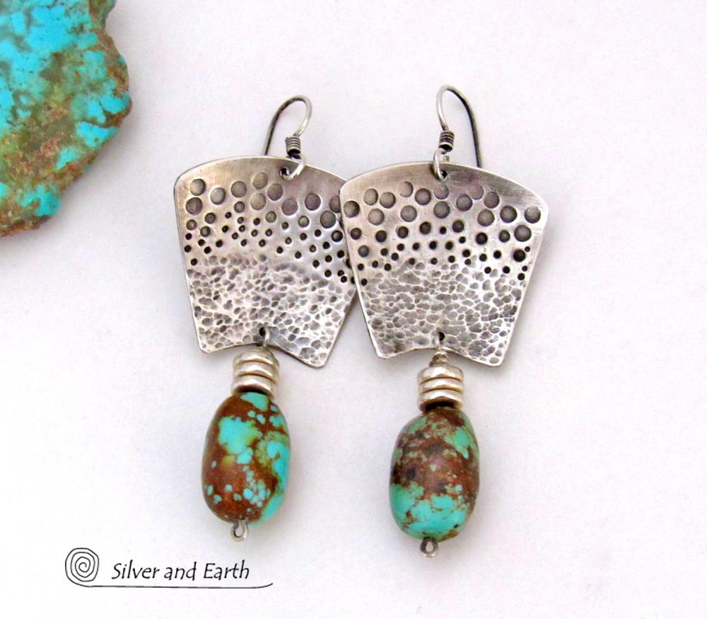 Hand Stamped Sterling Silver & Natural Turquoise Earrings - Bold Modern Southwest Style Handcrafted Jewelry 