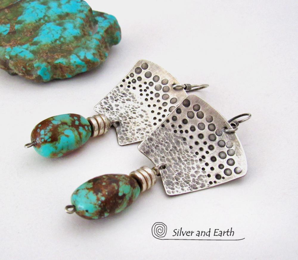 Hand Stamped Sterling Silver & Natural Turquoise Earrings - Bold Modern Southwest Style Handcrafted Jewelry 