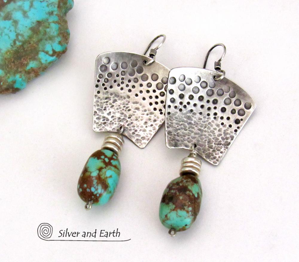 Hand Stamped Sterling Silver & Natural Turquoise Earrings - Bold Modern Southwest Style Handcrafted Jewelry 