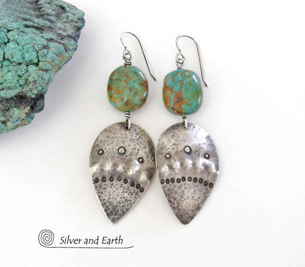 Sterling Silver Earrings with Natural Turquoise Stones - Tribal Southwestern Style Jewelry