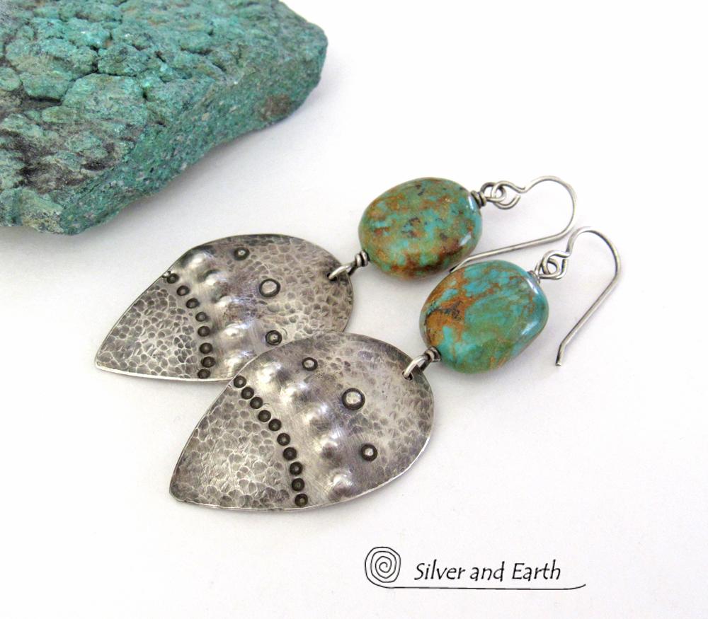 Sterling Silver Earrings with Natural Turquoise Stones - Tribal Southwestern Style Jewelry