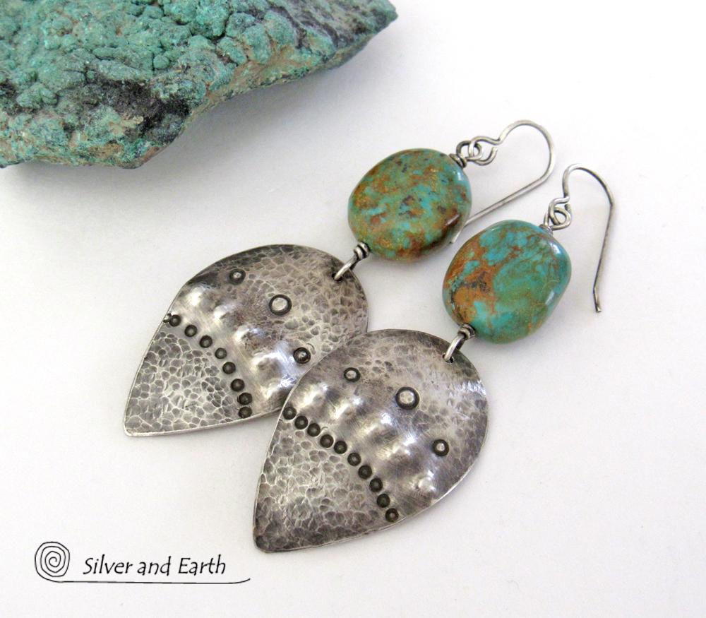 Sterling Silver Earrings with Natural Turquoise Stones - Tribal Southwestern Style Jewelry