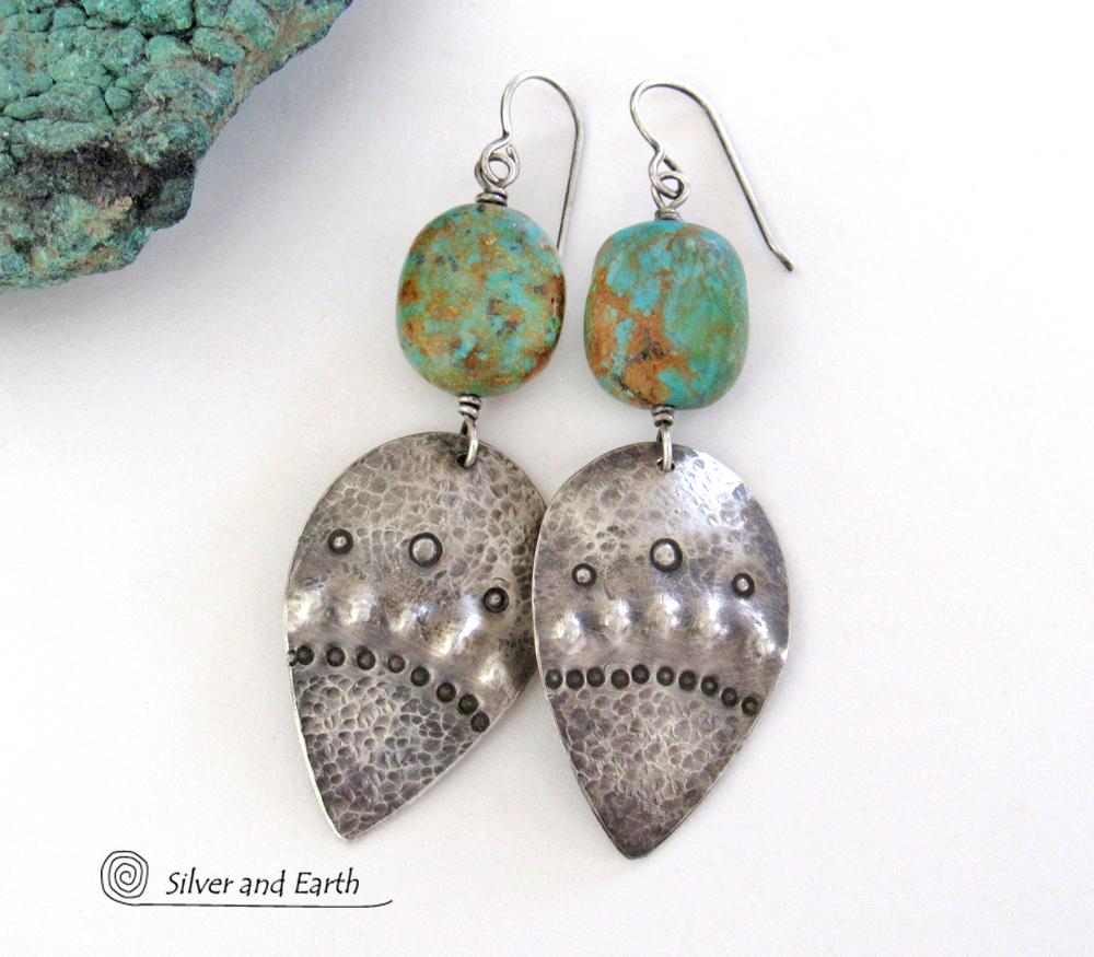 Sterling Silver Earrings with Natural Turquoise Stones - Tribal Southwestern Style Jewelry