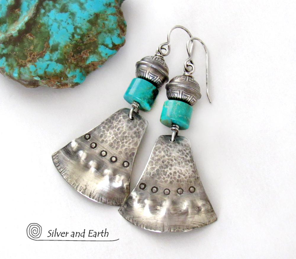 Handcrafted Sterling Silver & Turquoise Earrings - Bold Modern Tribal Southwest Style Jewelry