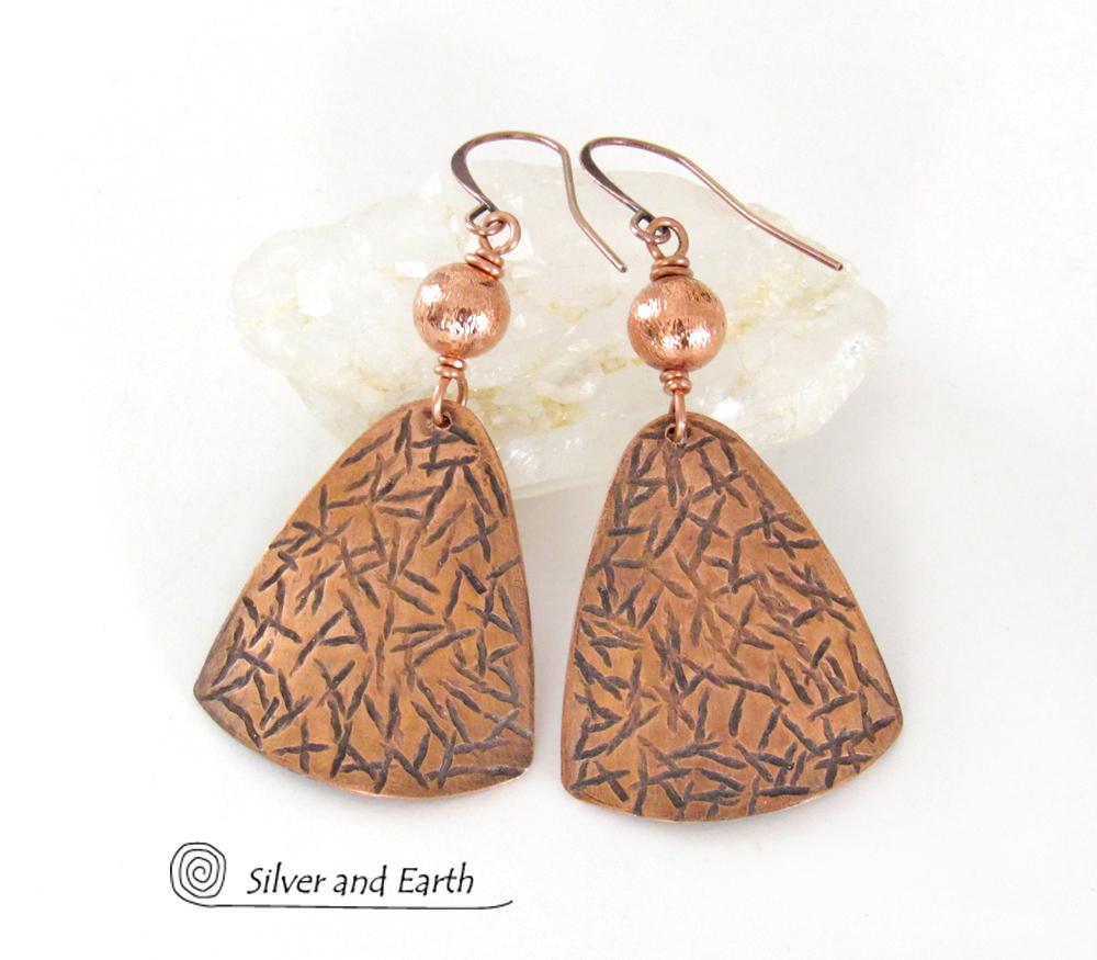 Textured Copper Dangle Earrings with Satin Brushed Copper Beads - Hand Forged Modern Metal Jewelry