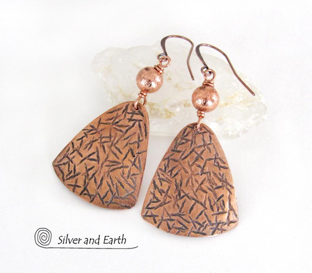 Textured Copper Dangle Earrings with Satin Brushed Copper Beads - Hand Forged Modern Metal Jewelry