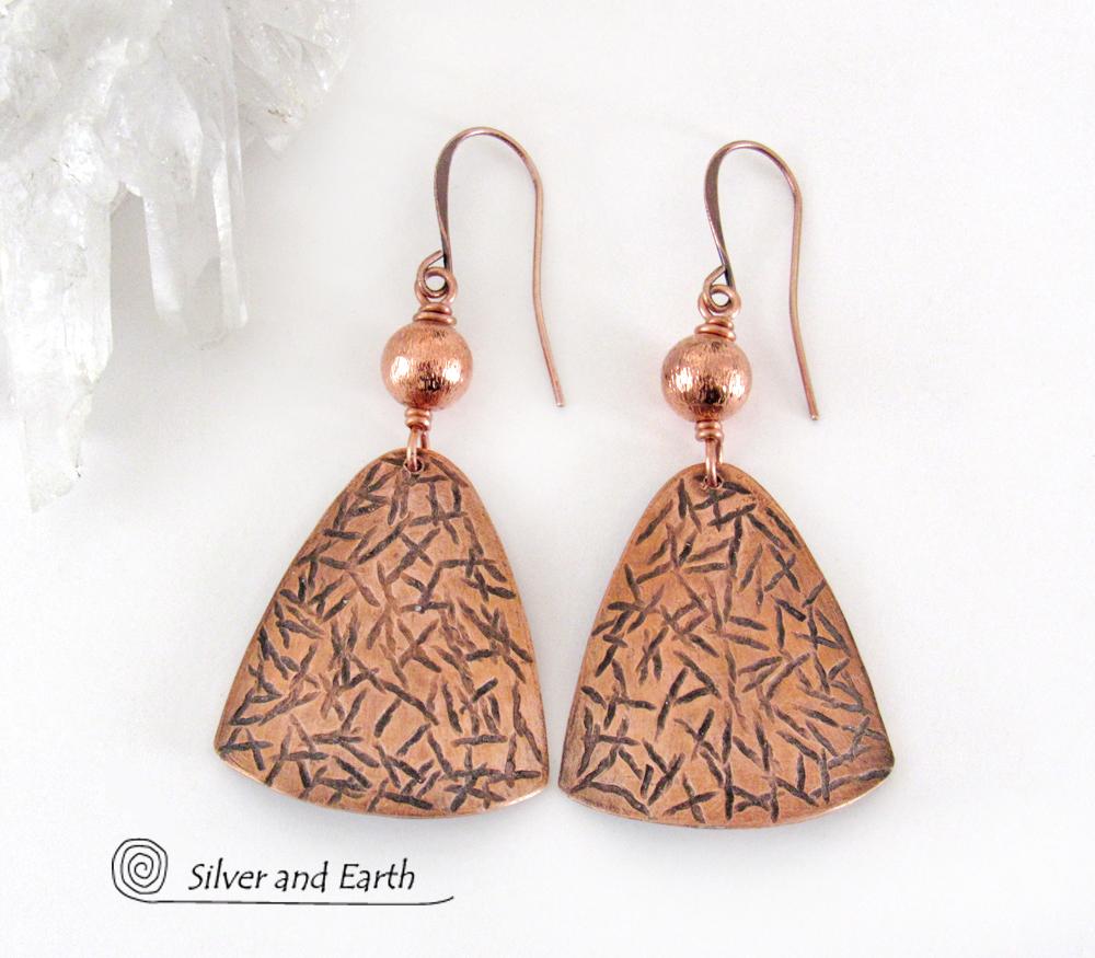 Textured Copper Dangle Earrings with Satin Brushed Copper Beads - Hand Forged Modern Metal Jewelry