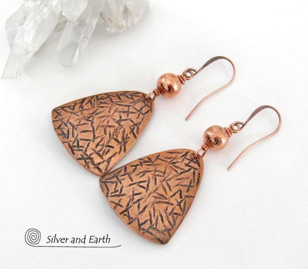 Textured Copper Dangle Earrings with Satin Brushed Copper Beads - Hand Forged Modern Metal Jewelry