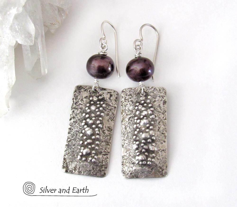 Sterling Silver Rectangle Earrings with Dark Bronze Pearls - Rustic Earthy Organic Artisan Silver Jewelry