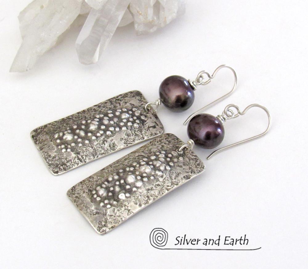 Sterling Silver Rectangle Earrings with Dark Bronze Pearls - Rustic Earthy Organic Artisan Silver Jewelry