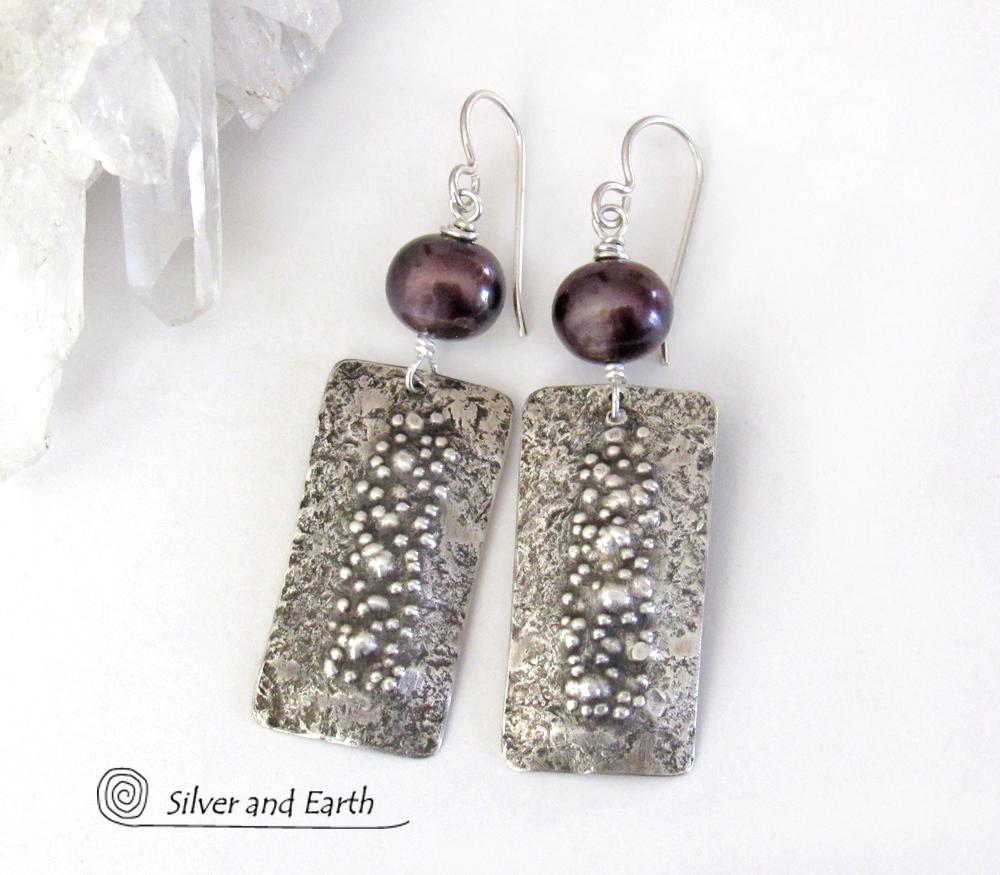 Sterling Silver Rectangle Earrings with Dark Bronze Pearls - Rustic Earthy Organic Artisan Silver Jewelry